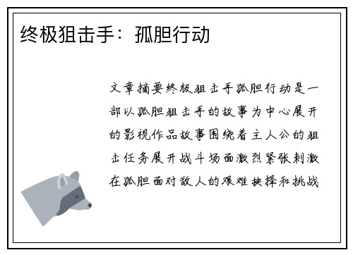 终极狙击手:孤胆行动