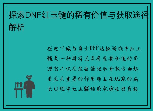 探索DNF红玉髓的稀有价值与获取途径解析
