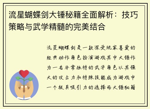 流星蝴蝶剑大锤秘籍全面解析：技巧策略与武学精髓的完美结合